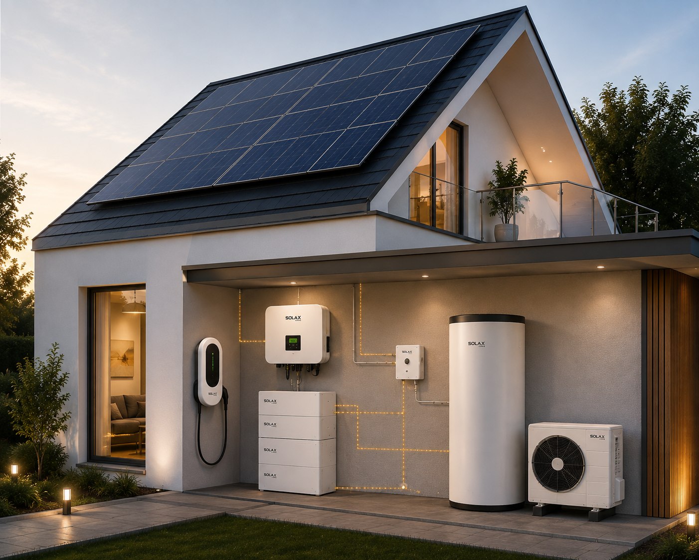 Heiztastic Energiesystem: Einfamilienhaus mit Photovoltaikanlage, SolaX Wechselrichter, Stromspeicher, Warmwasserspeicher und Wärmepumpe